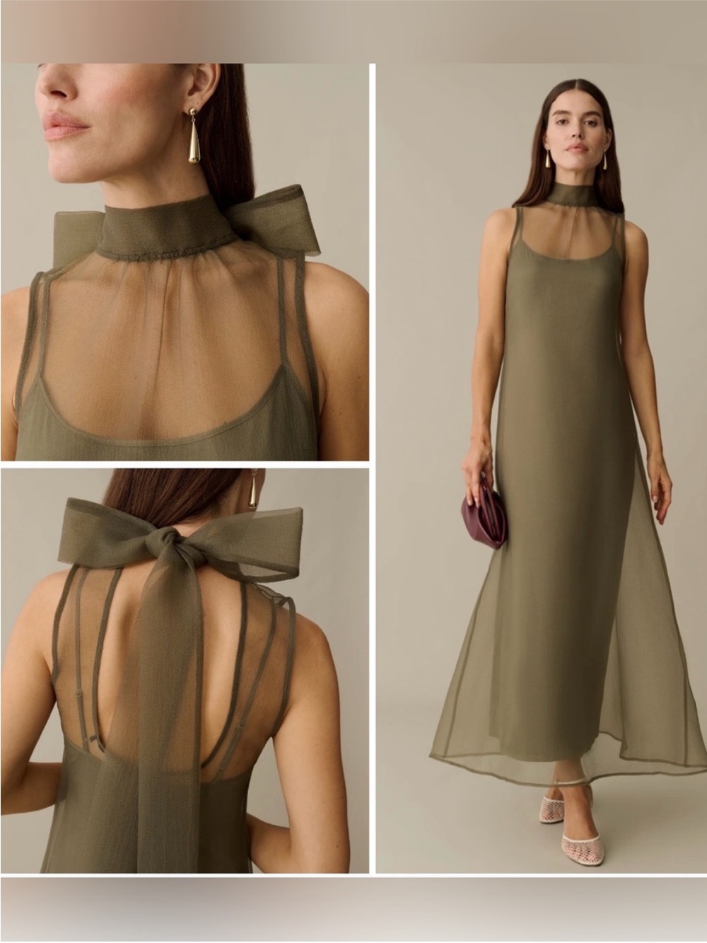 Sleeveless Olive Green Maxi Dress with Sheer Neck Tie